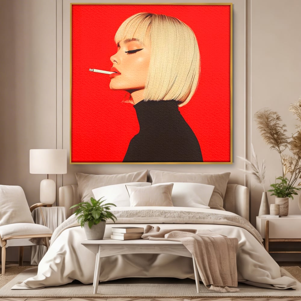 Tablou canvas cu ilustratie digitala cu femeie blonda fumand, in rama de aluminiu auriu, pe perete intr-un dormitor